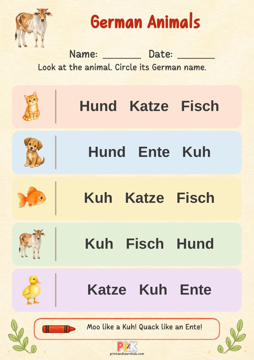 German Animals worksheet preview