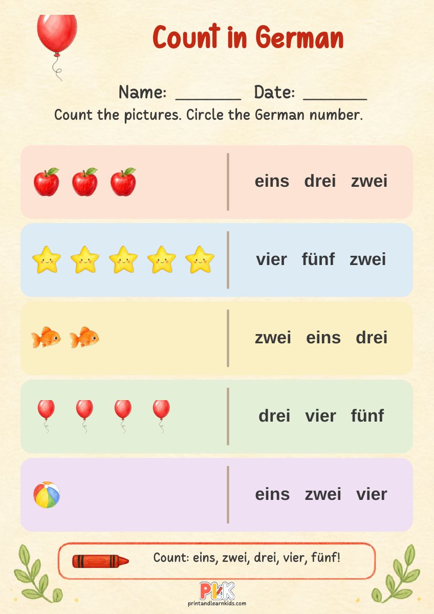 Count in German worksheet, full page preview
