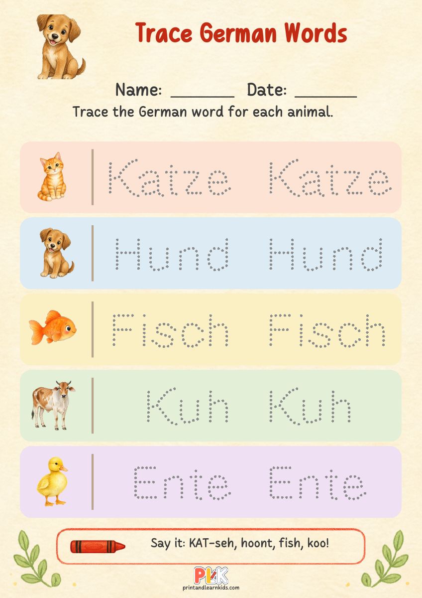 Trace German Words worksheet preview