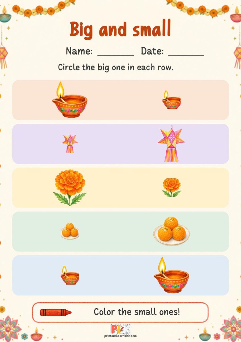 Big and Small (Diwali) worksheet, full page preview