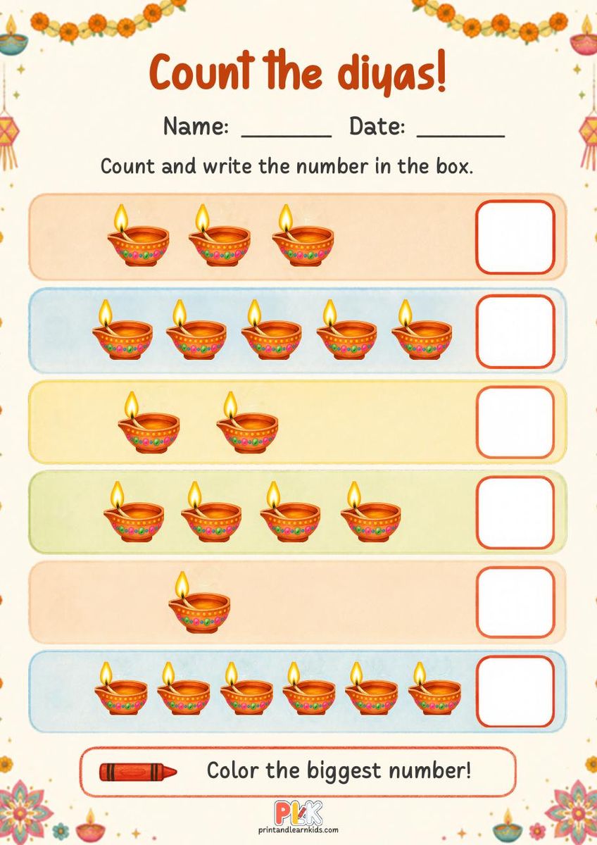 Count the Diyas worksheet, full page preview