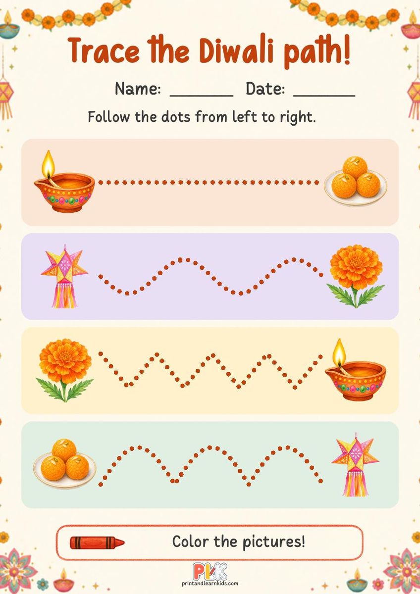 Trace the Diwali Path worksheet, full page preview