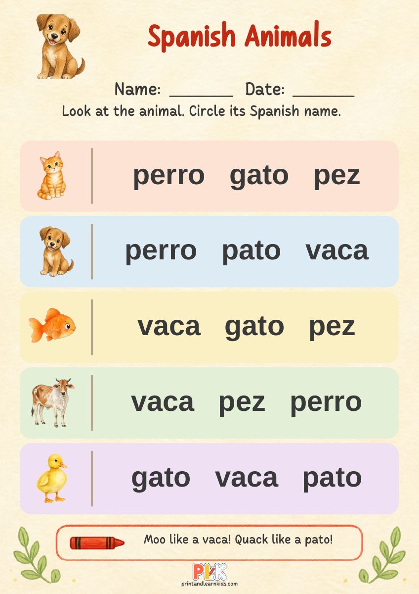 Spanish Animals worksheet preview