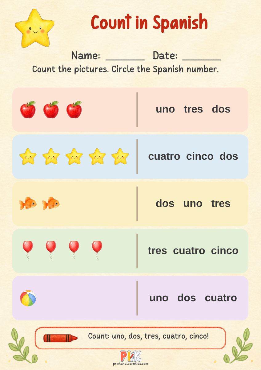 Count in Spanish worksheet, full page preview