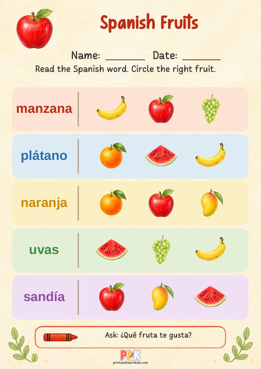 Spanish Fruits worksheet preview
