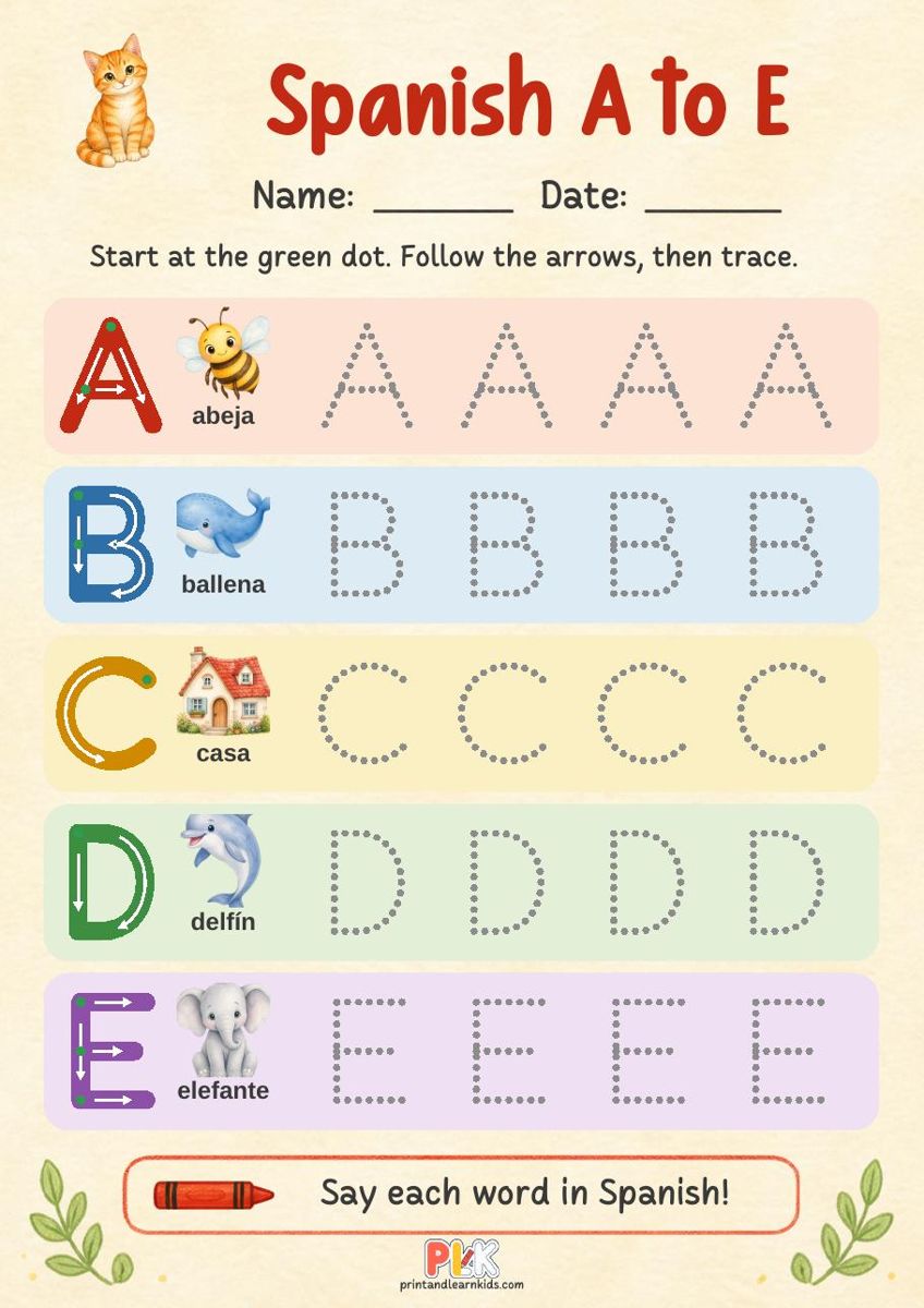 Spanish Alphabet A to E worksheet, full page preview