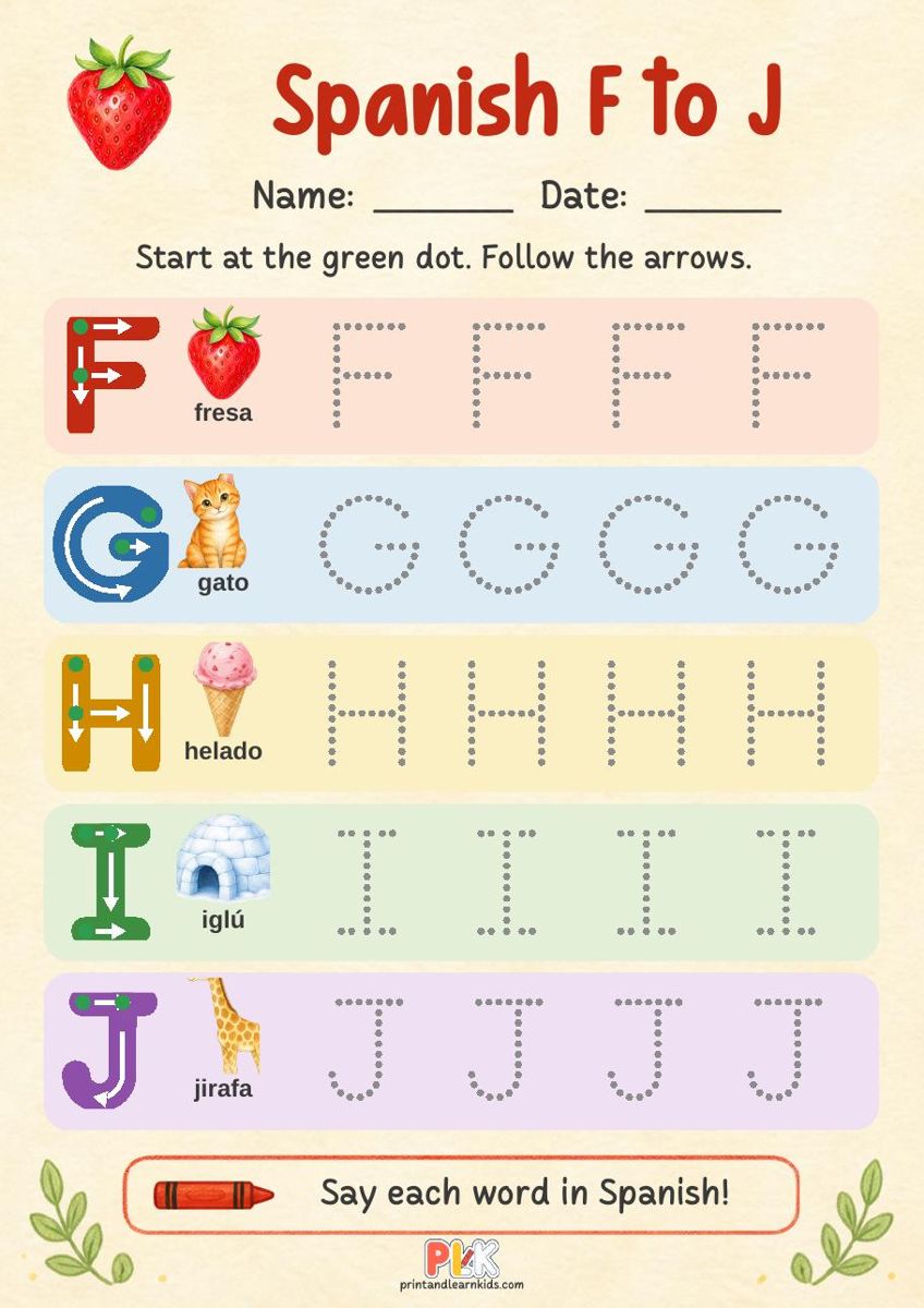 Spanish Alphabet F to J worksheet, full page preview