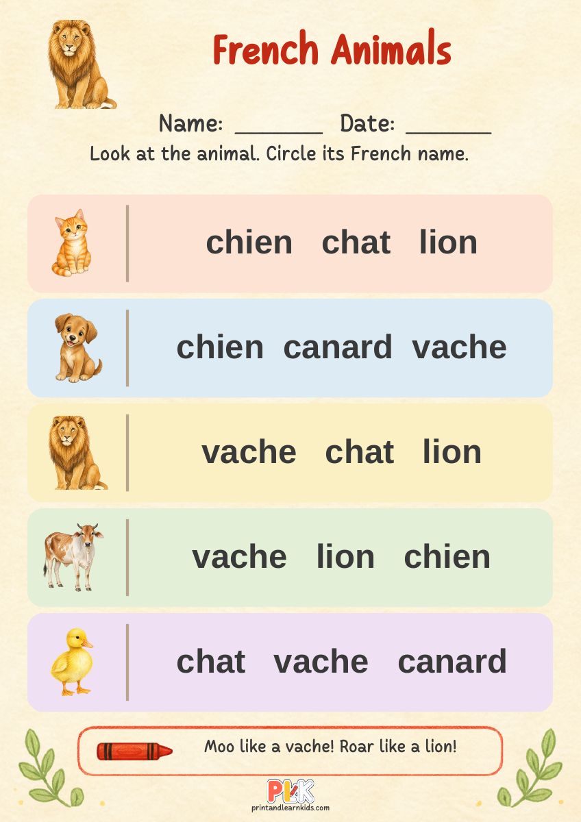 French Animals worksheet preview