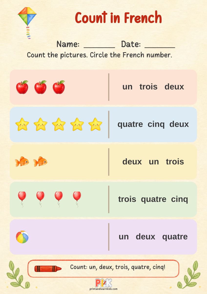 Count in French worksheet, full page preview