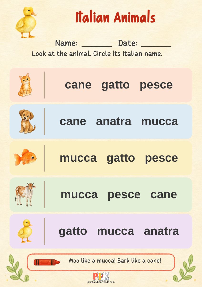 Italian Animals worksheet preview