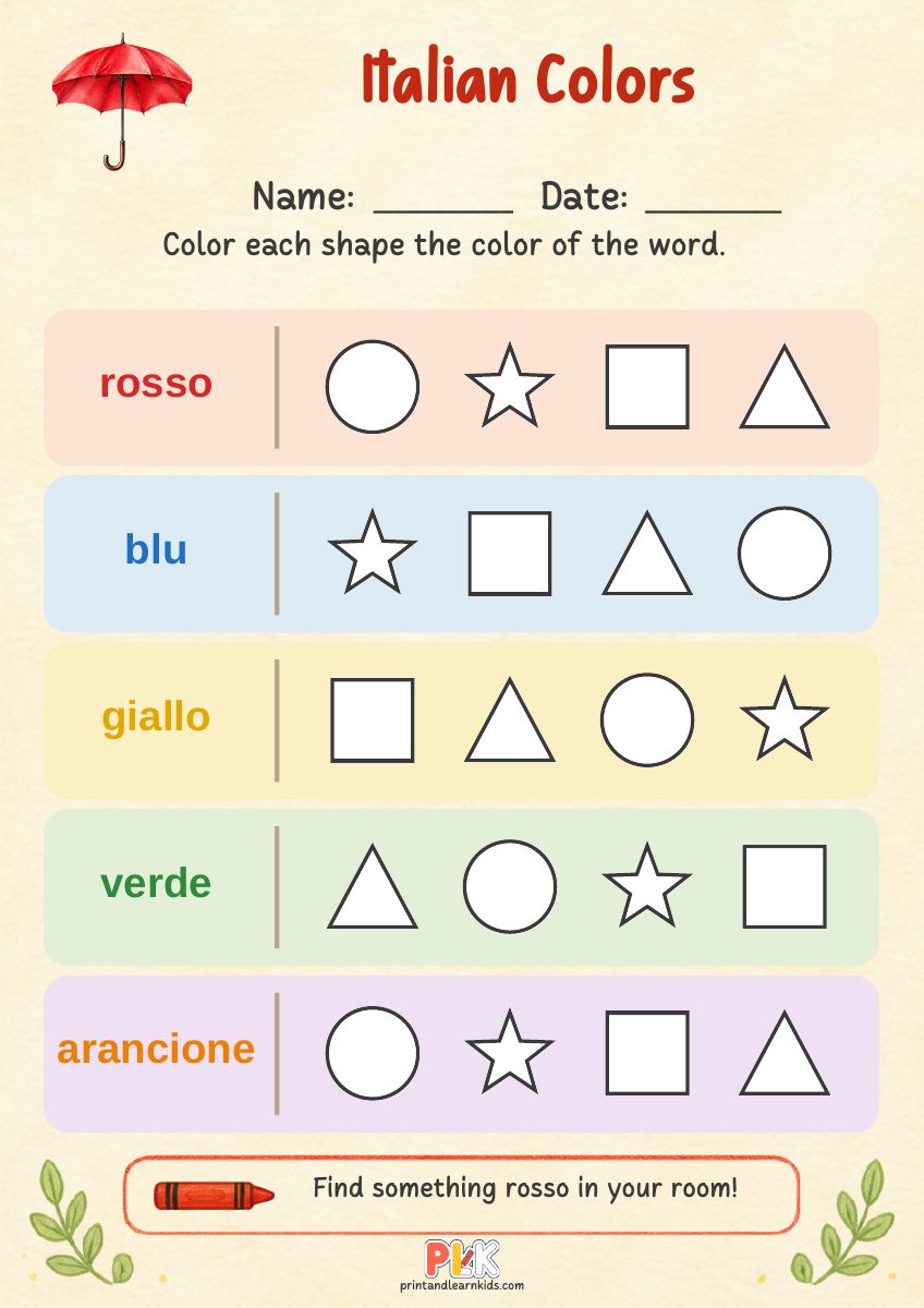 Italian Colors worksheet preview