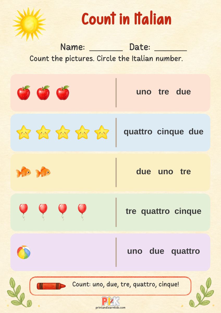 Count in Italian worksheet, full page preview