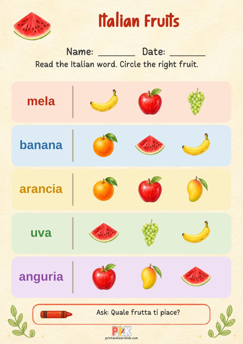 Italian Fruits worksheet preview