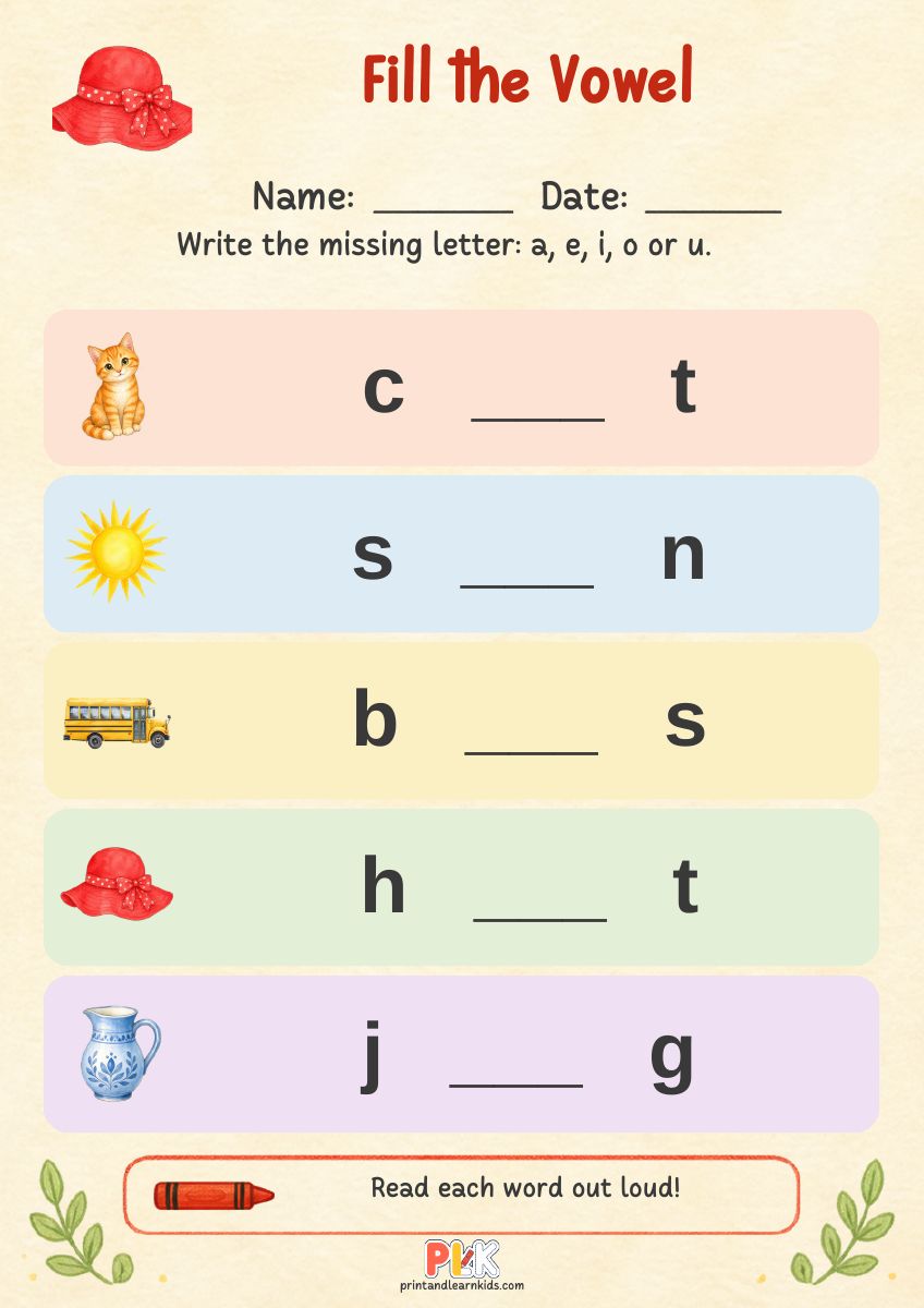 Fill the Vowel worksheet preview